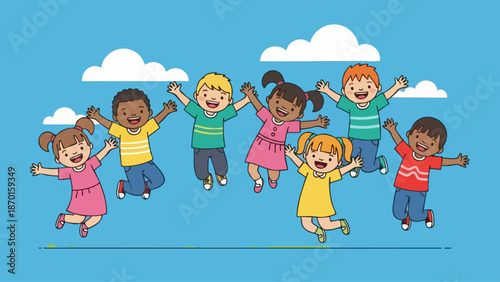Group of diverse children jumping joyfully in the air with arms raised.
