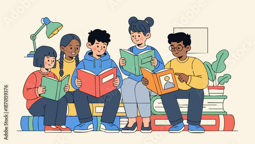 Group of Diverse Children Reading Books Together on Stack of Books.