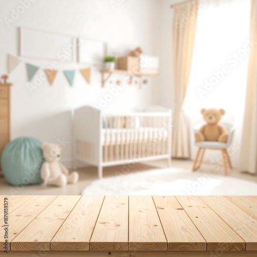 Bright, softly focused nursery featuring a wooden tabletop, crib, and decorations in a pastel color scheme