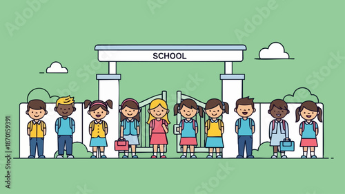 Group of diverse students standing in front of school gate illustration.