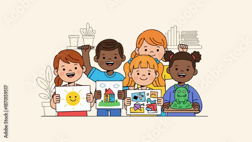 Happy children showing their drawings and smiling in a group.