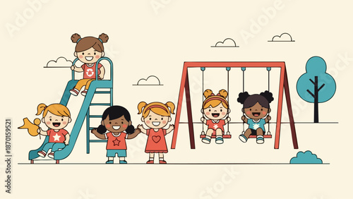 Happy diverse children playing together on a playground with slides and swings.