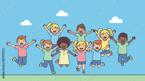 Joyful group of diverse children jumping with excitement and happiness.