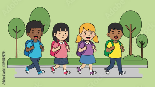 Group of diverse students walking to school together with backpacks and smiles.