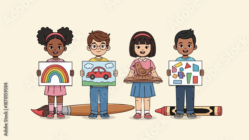 Diverse group of children proudly displaying their colorful artwork creations.