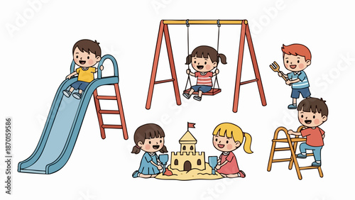 Children Enjoying Playground Activities - Slide, Swings, Sandcastle, and Climbing.