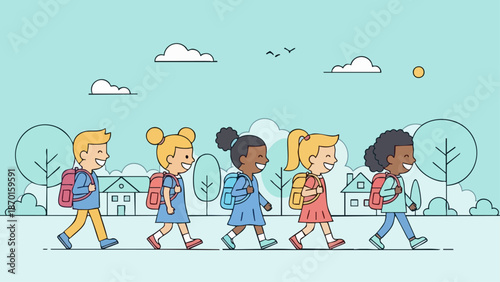 Diverse group of happy school children walking together with backpacks.