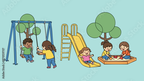 Children playing in the playground with swings and slides.