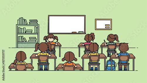 Classroom Scene with Students at Desks Facing Whiteboard and Bookshelf.