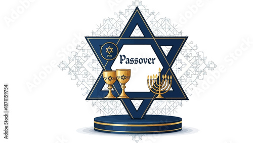 Passover Symbols: Menorah, Chalices, and Star of David on a Pedestal