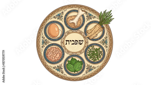 Traditional Seder Plate with Symbolic Foods for Passover Celebration, Hebrew Text