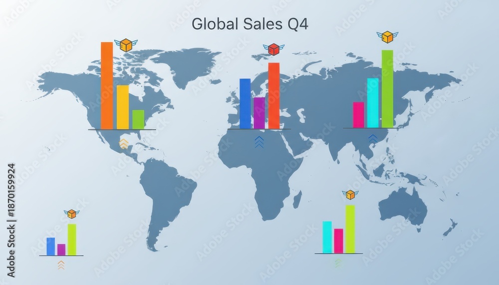 Obraz premium Global sales Q4 growth a bar graph shows worldwide business increases. Colorful data visualization on light blue world map background