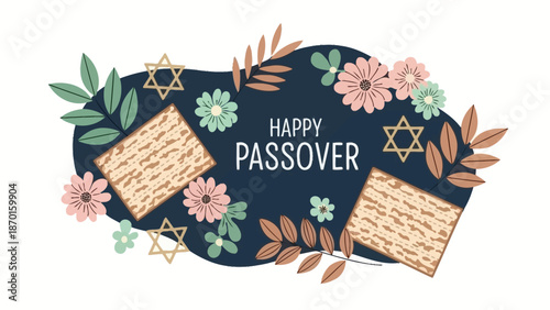 Happy Passover Greeting with Matzah, Flowers, Leaves, and Stars of David