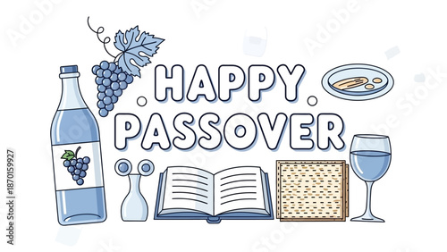 Happy Passover Greeting with Traditional Symbols and Food Elements