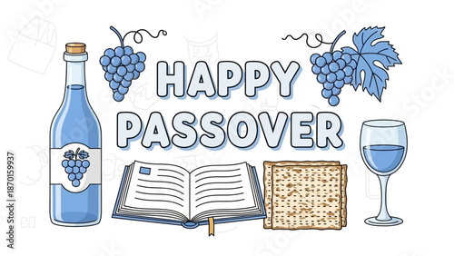 Happy Passover Greeting with Matzah, Wine, Grapes, and Open Book