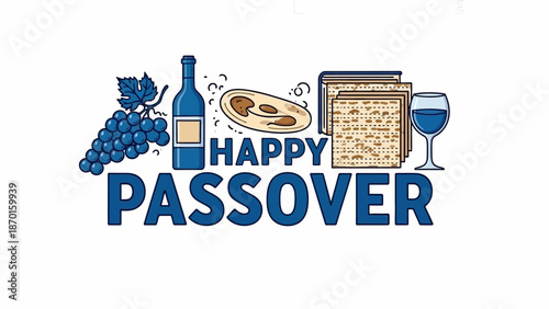 Happy Passover Celebration with Matzah, Wine, Grapes, and Bottle Illustration