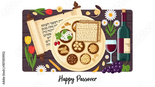 Happy Passover Seder Plate with Matzah, Wine, and Flowers, Top View