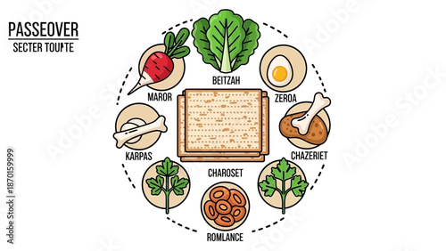 Passover Seder Plate with Symbolic Foods and Matzah, Traditional Jewish Holiday Illustration