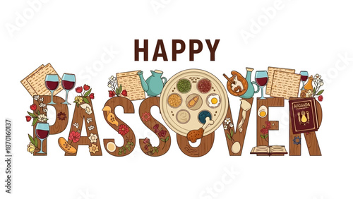 Happy Passover Wooden Letters Decorated with Holiday Symbols and Flowers