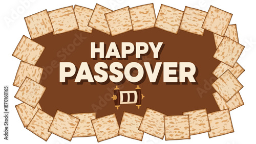 Happy Passover greeting with matzah border and Torah scroll icon on brown background