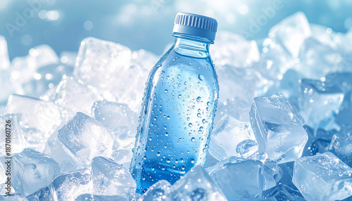 A chilled transparent plastic water bottle surrounded by ice cubes on a cool blue background