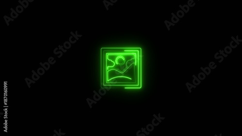 Free Download Bright green neon outline of a square frame with mountain and sun on a dark Generate title without using the word 