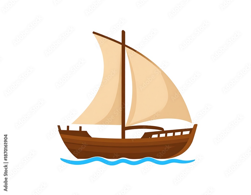 Obraz premium Brown wooden sailboat with beige sails on calm blue waves, isolated on a white background