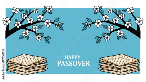 Happy Passover greeting with matzah stacks and blooming branches on blue background
