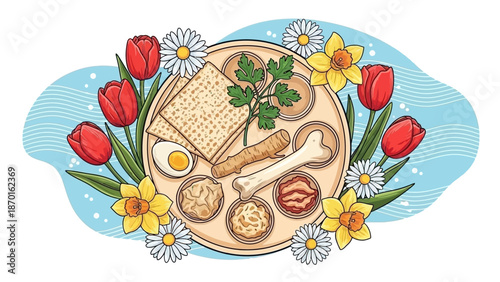 Passover Seder Plate with Matzah, Maror, Egg, and Flowers, Festive Celebration