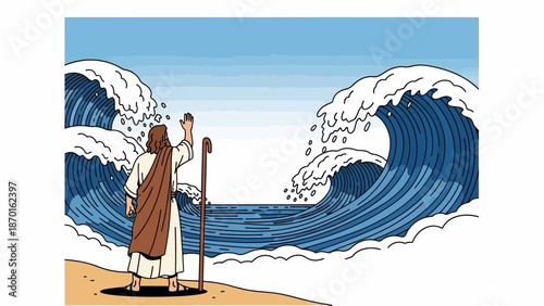 Biblical Scene: Moses Parts Red Sea with Staff, People Crossing on Dry Land