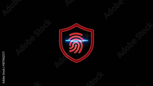 Schilderij op canvas Dark red shield with bright blue fingerprint scan line representing biometric se