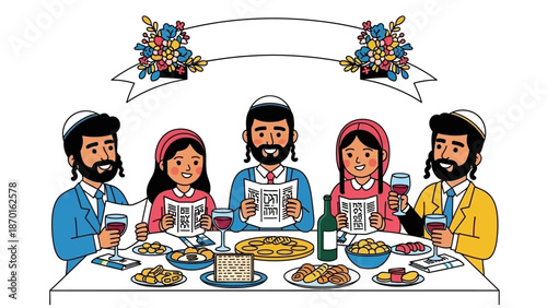 Jewish Family Celebrating Passover Seder with Traditional Food and Haggadahs