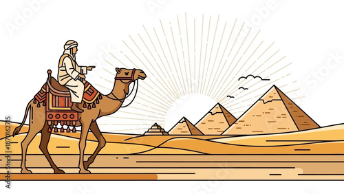 Man in Traditional Clothing Riding a Camel in the Egyptian Desert with Pyramids