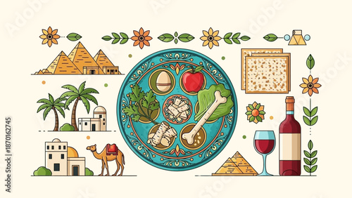 Passover Seder Plate with Egyptian Symbols and Matzah Bread