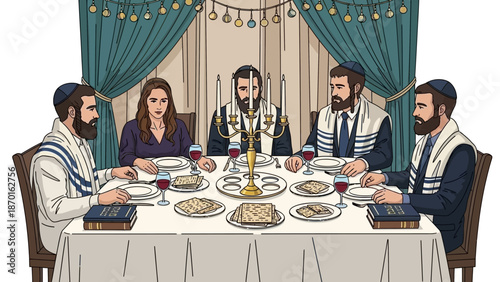 Family celebrating Passover Seder, symbolic meal with matzah and wine, religious tradition