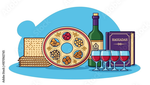 Passover Seder Plate, Matzah, Wine, and Haggadah for Jewish Holiday Celebration