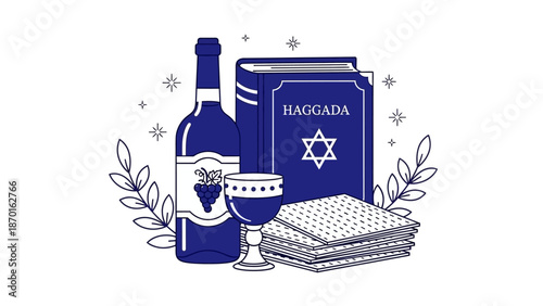 Passover Seder Symbols: Haggadah, Matzah, Wine and Grapes with Festive Stars
