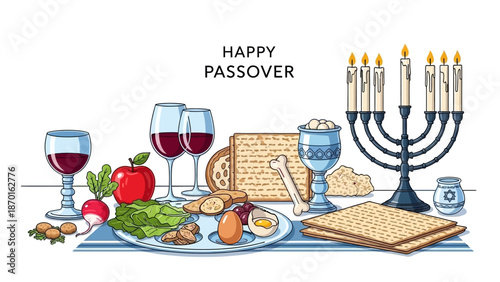 Happy Passover Seder Plate with Matzah, Wine, and Candles for Jewish Holiday