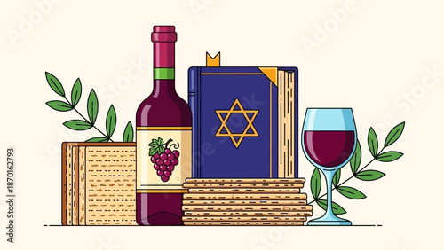 Passover Seder Symbols: Matzah, Wine, and Hebrew Bible with Star of David