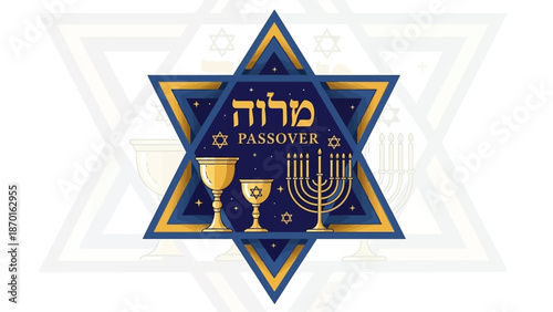 Passover Celebration Symbols on Star of David Background with Hebrew Text "Pesach"
