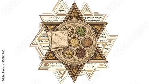 Passover Seder Plate and Matzah on Star of David Background, Jewish Holiday Celebration