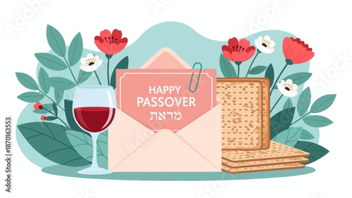 Happy Passover greeting card with matzah, wine, and flowers on a decorative background