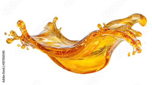 A swirl of honey dripping in mid-air, golden and glossy, frozen above white background
