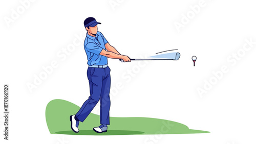 Golfer swinging a club at a golf ball on a tee.