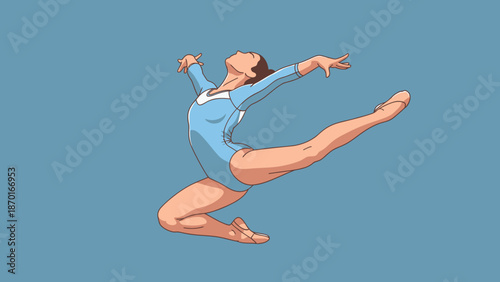 Graceful Female Gymnast in Mid-Air Split Leap.