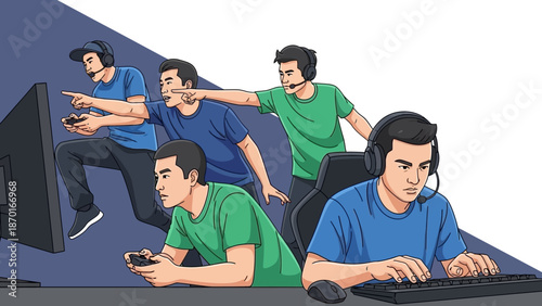 Group of male gamers playing video games with focus and intensity.