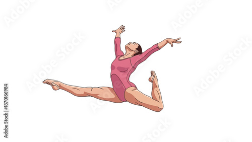 Gymnast performing a split leap in mid-air.
