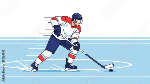 Hockey Player in Action on Ice Rink.