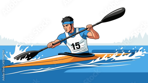 Male athlete kayaking in a race on the water.