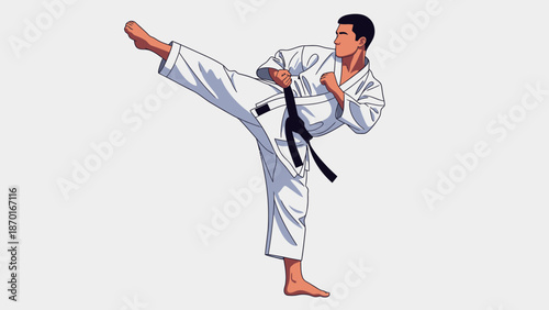 Karate practitioner performing a high side kick in a white gi with a black belt.